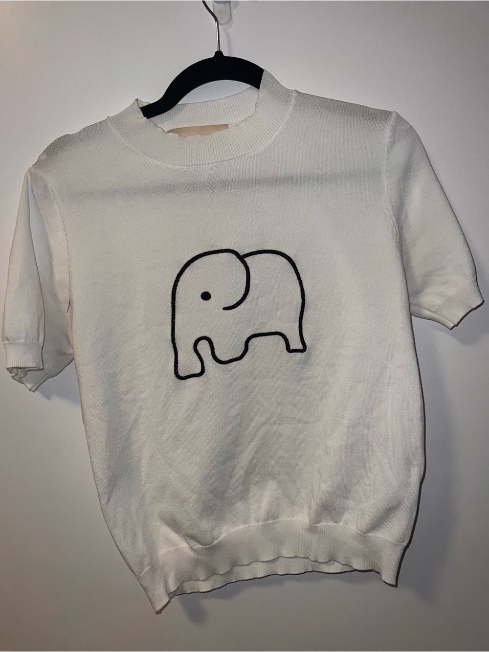 Woman’s White Short-Sleeve Sweater Top with Elephant Motif